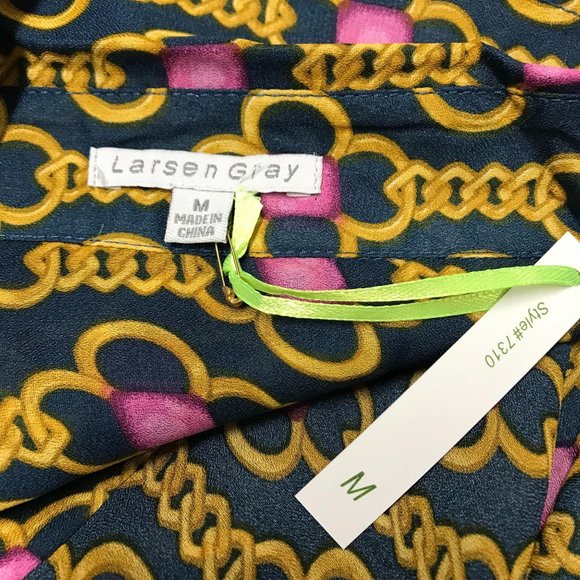 NWT Larsen Gray Womens Black Chain Print Button Front Blouse Size M - Picture 4 of 7